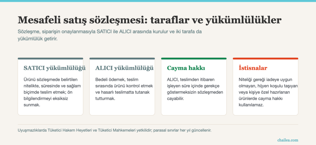 Mesafeli satış sözleşmesi: satıcı ve alıcı yükümlülükleri ile cayma hakkı istisnaları