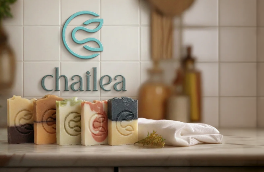 Chailea doğal sabun mağazası: beş el yapımı sabun banyo tezgâhında, marka logosu arkada
