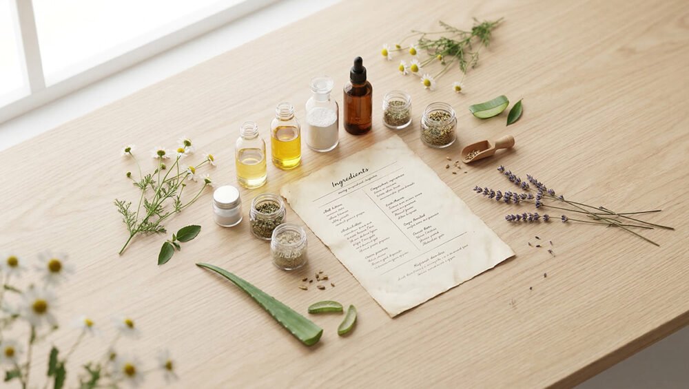 INCI listesi ve kozmetik içerik bileşenleri — eczane şişeleri ve botanikler