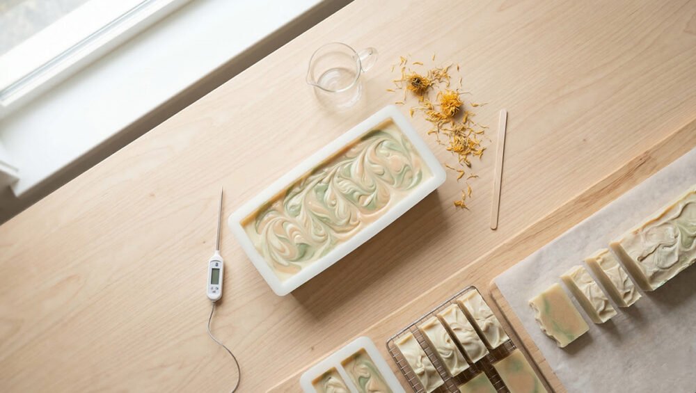 Cold process sabun yapımı — kalıp, termometre ve botanik katkılar