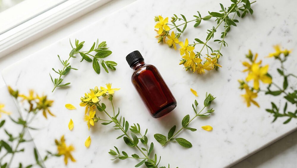 Kantaron yağı — koyu kırmızı Hypericum perforatum süzme yağı ve sarı çiçekler