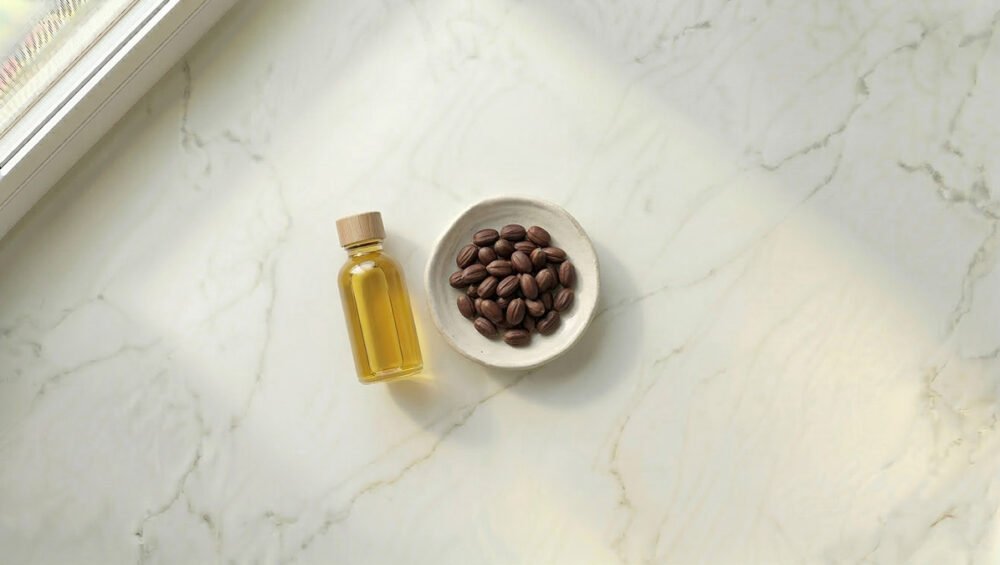 Jojoba yağı ve Simmondsia chinensis tohumları — beyaz mermer üzeri