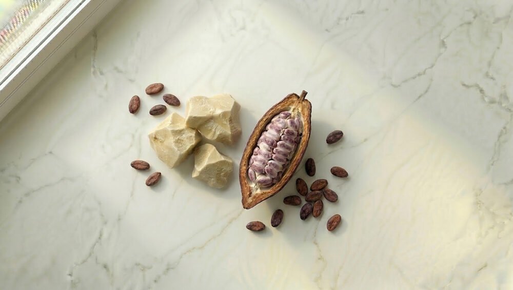 Kakao yağı ve Theobroma cacao meyve kesiti — kakao çekirdekleri