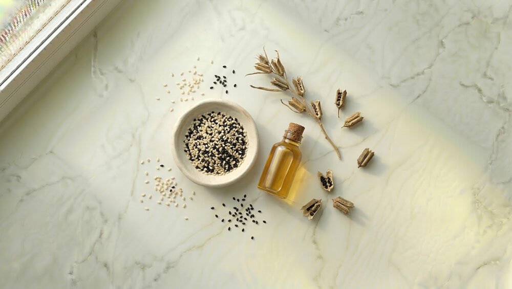 Susam yağı ve Sesamum indicum tohumları — beyaz ve siyah susam