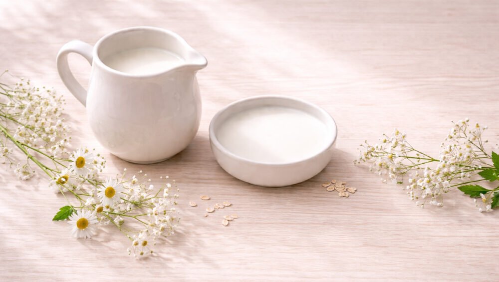 Keçi sütü (Caprae Lac) sabunu ve taze keçi sütü — seramik sürahi ve beyaz çiçekler