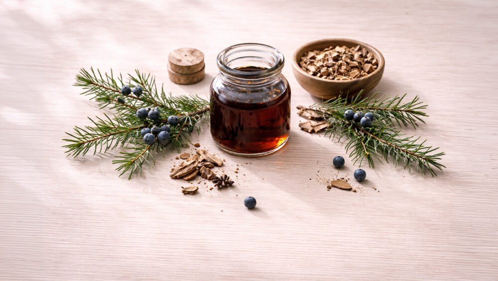 Ardıç katranı ve Juniperus oxycedrus dalı — koyu amber katran ve mavi ardıç meyveleri