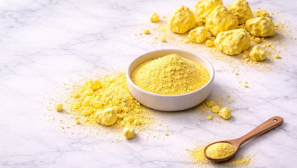 Kükürt (Sulfur) kristalleri ve sarı kükürt tozu — mineral dermatoloji bileşeni