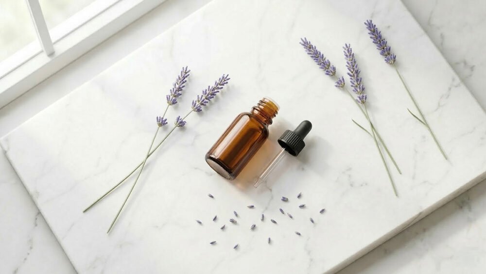 Lavanta yağı şişesi ve Lavandula angustifolia çiçekleri — mor lavanta