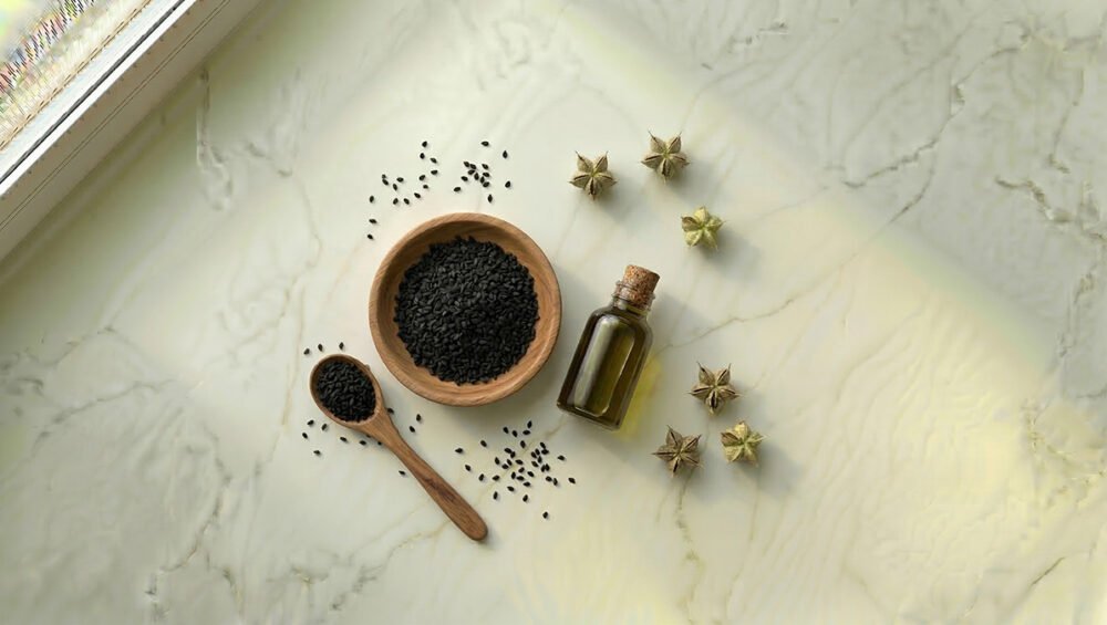 Çörek otu yağı ve Nigella sativa siyah tohumları — yıldız kapsül