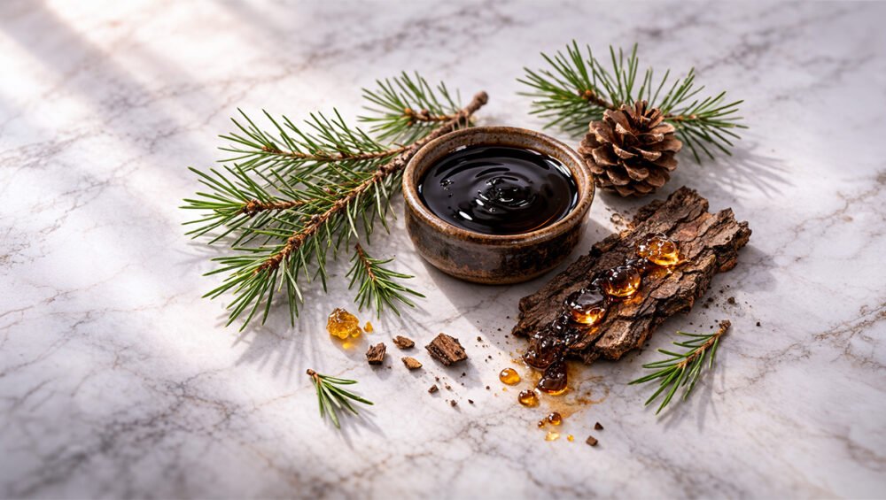 Çam katranı ve Pinus palustris iğne yaprakları — koyu kahverengi katran ve kozalak