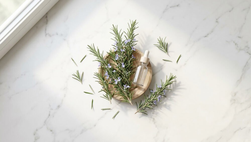 Biberiye yağı ve Rosmarinus officinalis dalları — iğne yapraklar ve mavi çiçekler