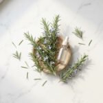 Biberiye yağı ve Rosmarinus officinalis dalları — iğne yapraklar ve mavi çiçekler