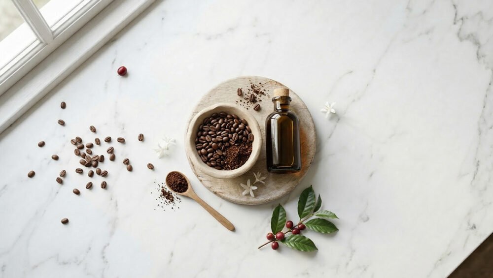 Kahve yağı ve Coffea arabica çekirdekleri — kavrulmuş kahve ve çiçekler