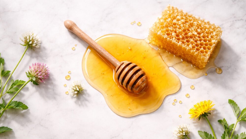 Bal ve doğal petek — ahşap bal kaşığı ve kır çiçekleri