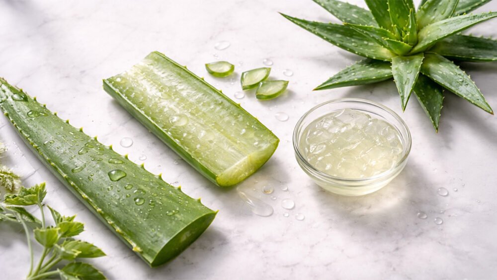 Aloe vera yaprağı kesiti ve şeffaf jel — sulu yeşil sukulent bitki