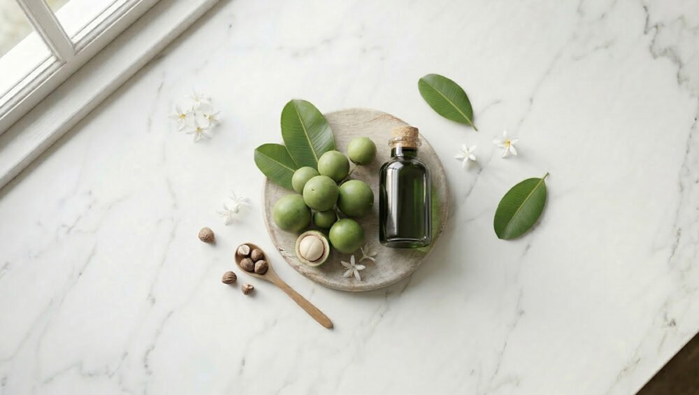 Tamanu yağı ve Calophyllum inophyllum meyveleri — koyu yeşil yağ