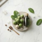 Tamanu yağı ve Calophyllum inophyllum meyveleri — koyu yeşil yağ