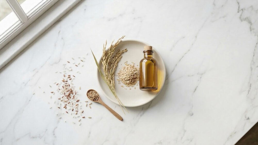 Pirinç kepeği yağı ve Oryza sativa taneleri — altın renkli yağ