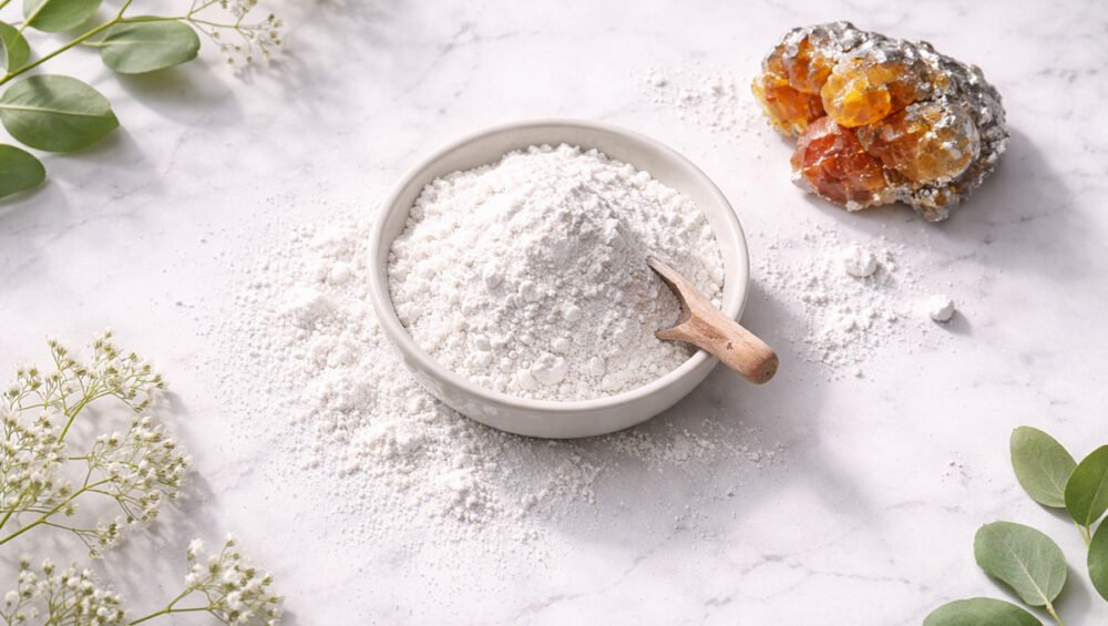 Çinko oksit (Zinc Oxide) tozu ve mineral numune — beyaz toz kozmetik bileşen