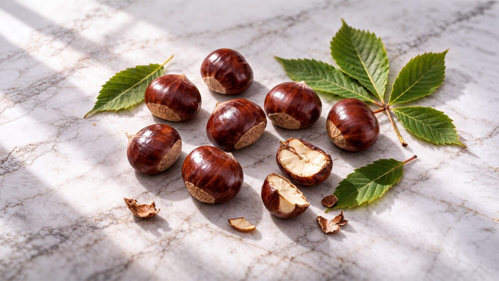 At kestanesi ve Aesculus hippocastanum — parlak kahverengi kestaneler ve dikenli kapsül