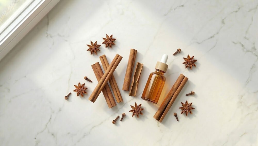 Tarçın kabuğu yağı ve Cinnamomum zeylanicum çubukları — baharatlı esansiyel yağ