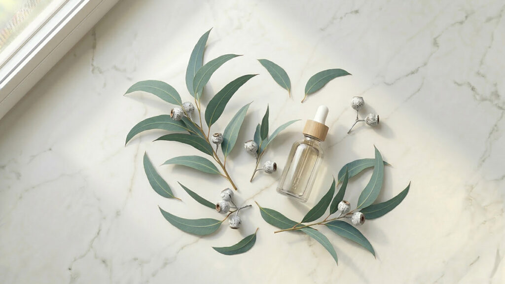 Okaliptüs yağı ve Eucalyptus globulus yaprakları — mavi-yeşil orak yaprak