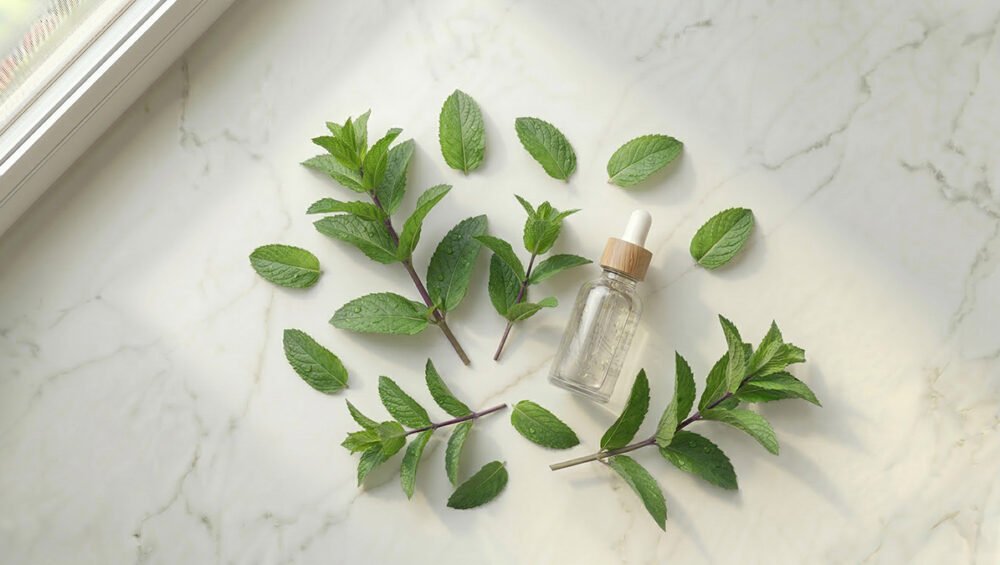 Nane yağı ve Mentha piperita yaprakları — taze yeşil nane