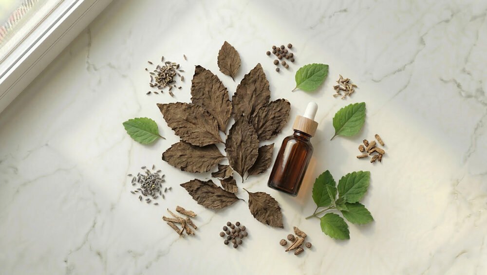 Paçuli yağı ve Pogostemon cablin yaprakları — toprak notası