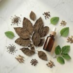 Paçuli yağı ve Pogostemon cablin yaprakları — toprak notası