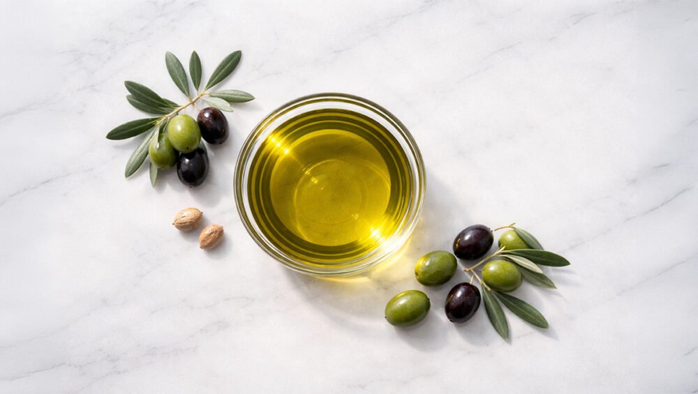 Zeytinyağı ve Olea europaea dalı — yeşil ve siyah zeytin