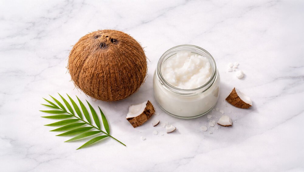 Hindistancevizi yağı ve Cocos nucifera — yarım hindistancevizi ve beyaz yağ