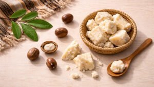 Shea butter ve Vitellaria paradoxa kabukları — krem rengi katı yağ