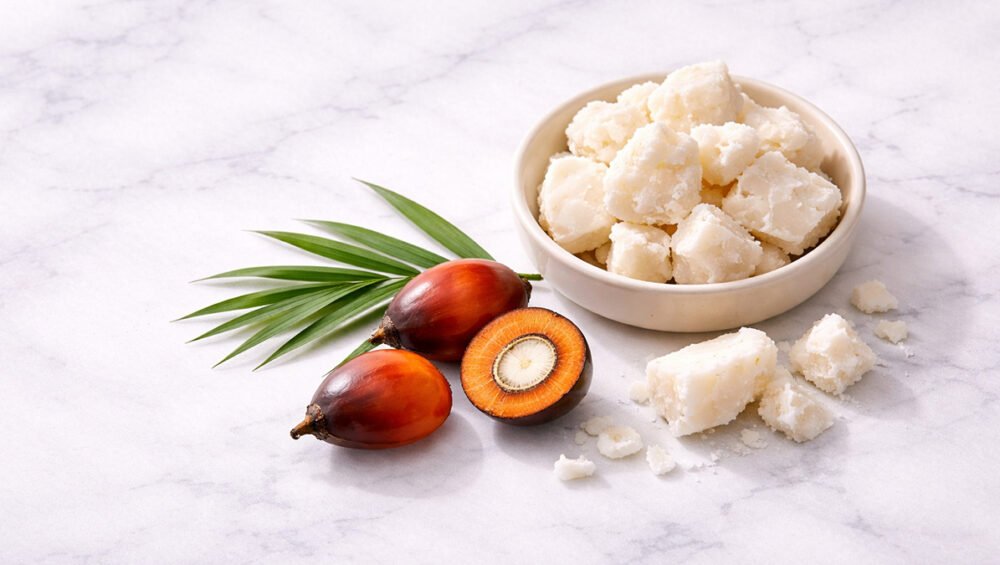 Palm kernel yağı ve çatlamış palm çekirdeği — beyaz katı yağ