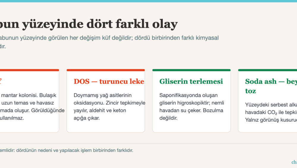 Doğal sabun küflenir mi? Küf, DOS turuncu leke, gliserin terlemesi ve soda ash arasındaki farkın diyagramı