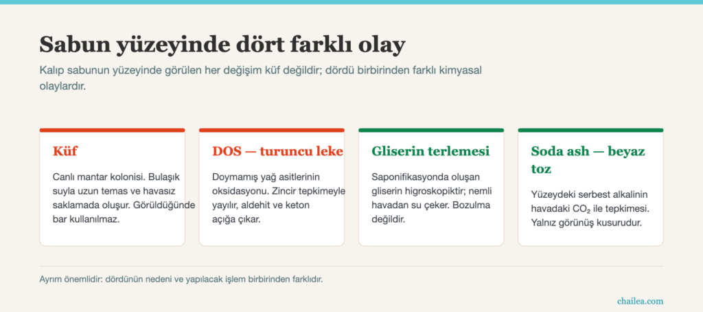 Doğal sabun küflenir mi? Küf, DOS turuncu leke, gliserin terlemesi ve soda ash arasındaki farkın diyagramı