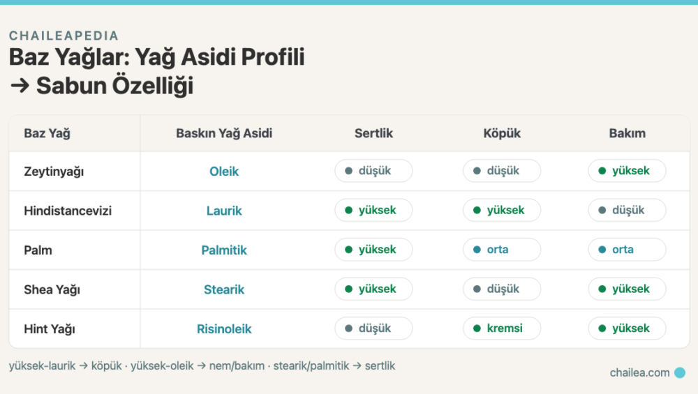 Sabunda Baz Yağlar Rehberi: Yağ Asidi Profili, Sertlik, Köpük ve Bakım Karşılaştırması