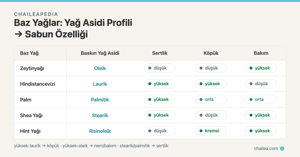 Sabunda Baz Yağlar Rehberi: Yağ Asidi Profili, Sertlik, Köpük ve Bakım Karşılaştırması 2 Sabunda Baz Yağlar Rehberi: Yağ Asidi Profili, Sertlik, Köpük ve Bakım Karşılaştırması