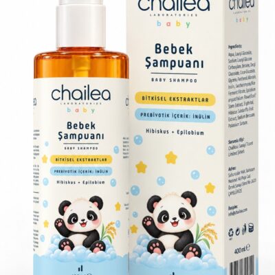 Chailea baby Bebek Şampuanı 400 ml: amber renkli pompalı şişe ve panda resimli kutusu, beyaz zemin
