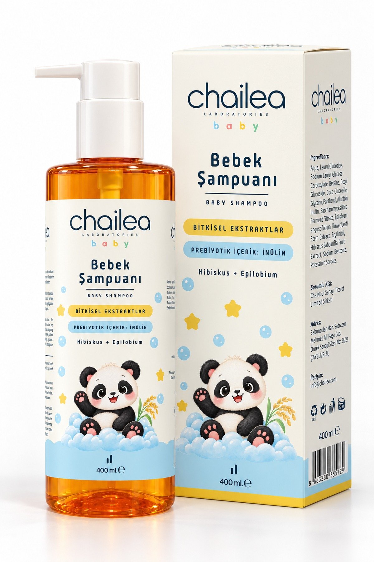 Chailea Lab Bebek Şampuanı 400 mL 1 Chailea baby Bebek Şampuanı 400 ml: amber renkli pompalı şişe ve panda resimli kutusu, beyaz zemin