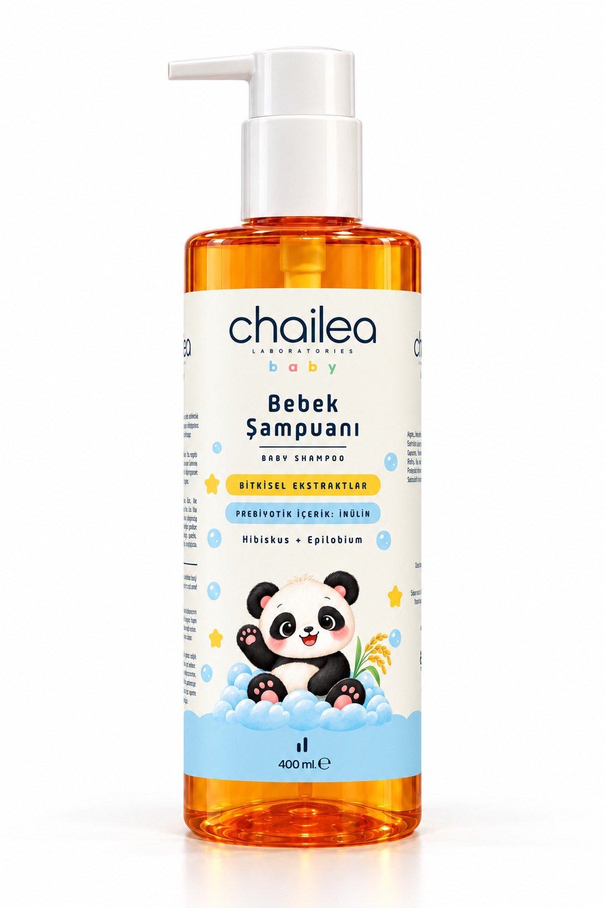 Chailea Lab Bebek Şampuanı 400 mL 2 Bebek Şampuanı pompalı şişe; ön etikette bitkisel ekstraktlar, prebiyotik içerik inülin, hibiskus + epilobium ve panda resmi