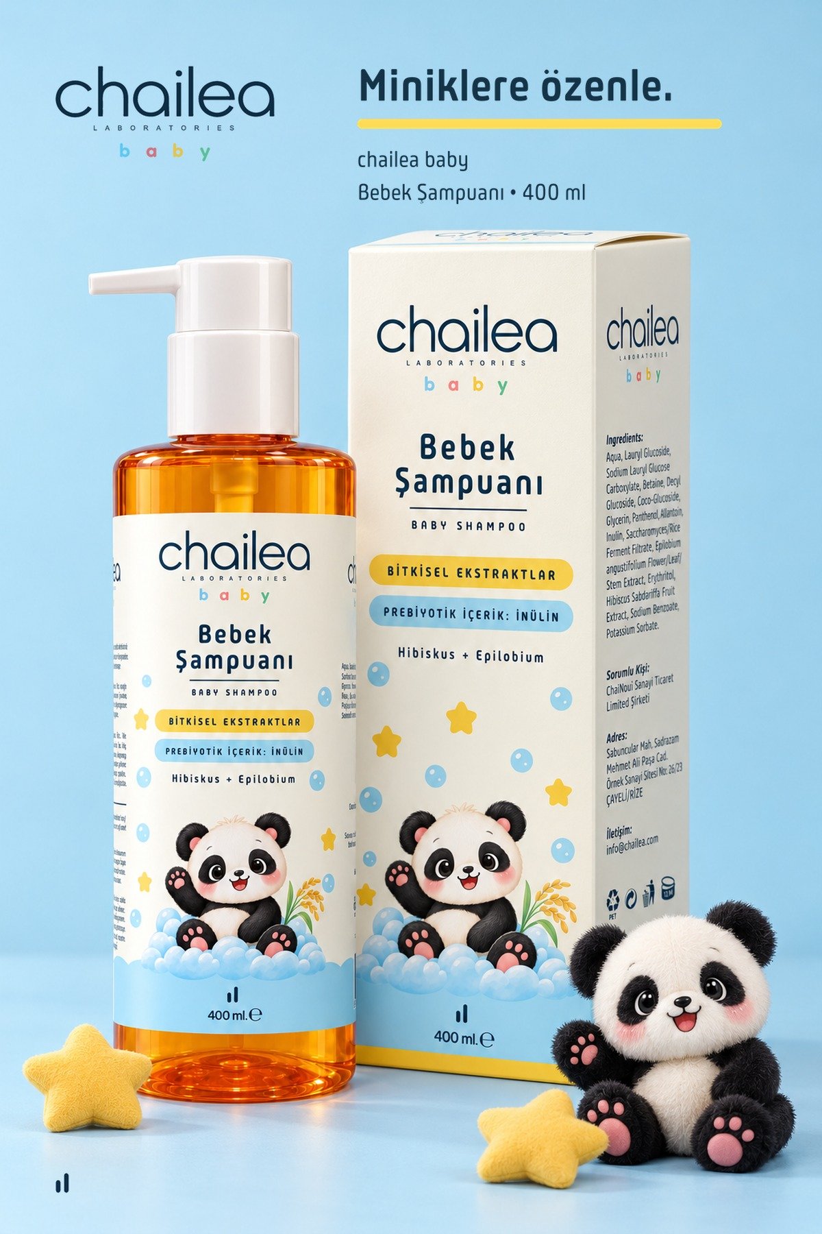 Chailea Lab Bebek Şampuanı 400 mL 5 Bebek Şampuanı şişesi ve kutusu açık mavi zeminde; yanında peluş panda ve sarı yıldızlar