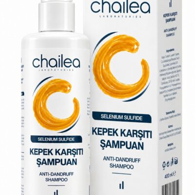 Chailea Laboratories Kepek Karşıtı Şampuan 400 ml: beyaz pompalı şişe ve lacivert şeritli kutusu, beyaz zemin